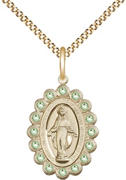 [2009PDGF/18G] 14kt Gold Filled Miraculous Pendant with Peridot Swarovski stones on a 18 inch Gold Plate Light Curb chain