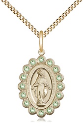 [2009PDGF/18G] 14kt Gold Filled Miraculous Pendant with Peridot Swarovski stones on a 18 inch Gold Plate Light Curb chain