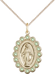 [2009PDGF/18GF] 14kt Gold Filled Miraculous Pendant with Peridot Swarovski stones on a 18 inch Gold Filled Light Curb chain