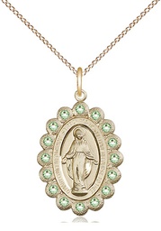 [2009PDGF/18GF] 14kt Gold Filled Miraculous Pendant with Peridot Swarovski stones on a 18 inch Gold Filled Light Curb chain
