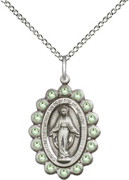 [2009PDSS/18SS] Sterling Silver Miraculous Pendant with Peridot Swarovski stones on a 18 inch Sterling Silver Light Curb chain
