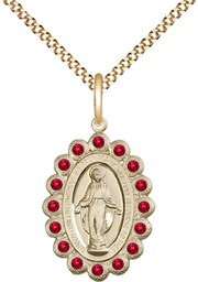 [2009RBGF/18G] 14kt Gold Filled Miraculous Pendant with Ruby Swarovski stones on a 18 inch Gold Plate Light Curb chain