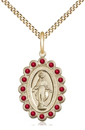 [2009RBGF/18G] 14kt Gold Filled Miraculous Pendant with Ruby Swarovski stones on a 18 inch Gold Plate Light Curb chain