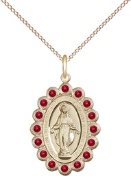 [2009RBGF/18GF] 14kt Gold Filled Miraculous Pendant with Ruby Swarovski stones on a 18 inch Gold Filled Light Curb chain