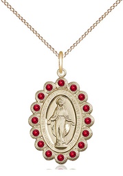 [2009RBGF/18GF] 14kt Gold Filled Miraculous Pendant with Ruby Swarovski stones on a 18 inch Gold Filled Light Curb chain