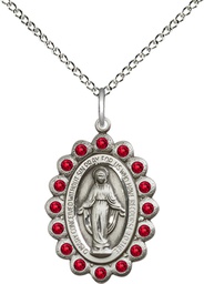 [2009RBSS/18SS] Sterling Silver Miraculous Pendant with Ruby Swarovski stones on a 18 inch Sterling Silver Light Curb chain