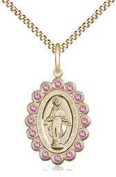 [2009ROGF/18G] 14kt Gold Filled Miraculous Pendant with Rose Swarovski stones on a 18 inch Gold Plate Light Curb chain