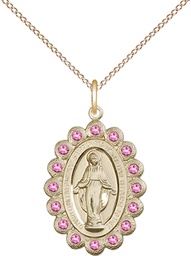 [2009ROGF/18GF] 14kt Gold Filled Miraculous Pendant with Rose Swarovski stones on a 18 inch Gold Filled Light Curb chain