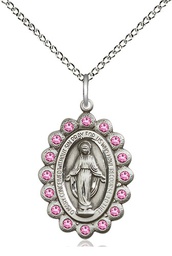 [2009ROSS/18SS] Sterling Silver Miraculous Pendant with Rose Swarovski stones on a 18 inch Sterling Silver Light Curb chain