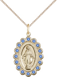 [2009SAGF/18GF] 14kt Gold Filled Miraculous Pendant with Sapphire Swarovski stones on a 18 inch Gold Filled Light Curb chain