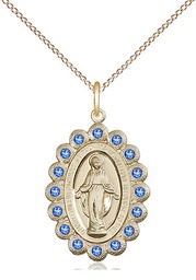 [2009SAGF/18GF] 14kt Gold Filled Miraculous Pendant with Sapphire Swarovski stones on a 18 inch Gold Filled Light Curb chain
