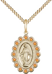 [2009TPGF/18G] 14kt Gold Filled Miraculous Pendant with Topaz Swarovski stones on a 18 inch Gold Plate Light Curb chain