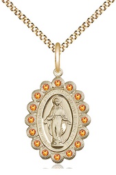 [2009TPGF/18G] 14kt Gold Filled Miraculous Pendant with Topaz Swarovski stones on a 18 inch Gold Plate Light Curb chain