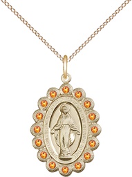 [2009TPGF/18GF] 14kt Gold Filled Miraculous Pendant with Topaz Swarovski stones on a 18 inch Gold Filled Light Curb chain