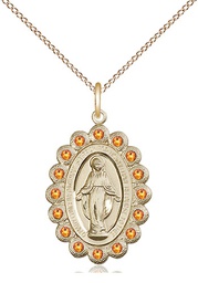 [2009TPGF/18GF] 14kt Gold Filled Miraculous Pendant with Topaz Swarovski stones on a 18 inch Gold Filled Light Curb chain