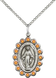 [2009TPSS/18SS] Sterling Silver Miraculous Pendant with Topaz Swarovski stones on a 18 inch Sterling Silver Light Curb chain