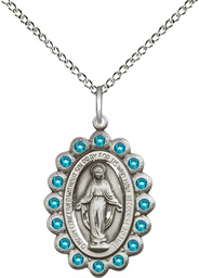 [2009ZCSS/18SS] Sterling Silver Miraculous Pendant with Zircon Swarovski stones on a 18 inch Sterling Silver Light Curb chain