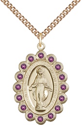 [2010AMGF/24GF] 14kt Gold Filled Miraculous Pendant with Amethyst Swarovski stones on a 24 inch Gold Filled Heavy Curb chain