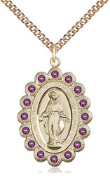 [2010AMGF/24GF] 14kt Gold Filled Miraculous Pendant with Amethyst Swarovski stones on a 24 inch Gold Filled Heavy Curb chain