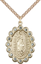 [2010FAGF/24GF] 14kt Gold Filled Our Lady of Guadalupe Pendant with Aqua Swarovski stones on a 24 inch Gold Filled Heavy Curb chain