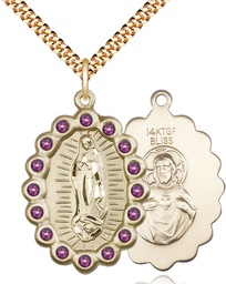 [2010FAMGF/24G] 14kt Gold Filled Our Lady of Guadalupe Pendant with Amethyst Swarovski stones on a 24 inch Gold Plate Heavy Curb chain