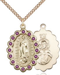 [2010FAMGF/24GF] 14kt Gold Filled Our Lady of Guadalupe Pendant with Amethyst Swarovski stones on a 24 inch Gold Filled Heavy Curb chain