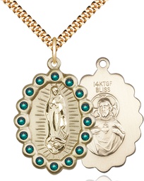 [2010FEMGF/24G] 14kt Gold Filled Our Lady of Guadalupe Pendant with Emerald Swarovski stones on a 24 inch Gold Plate Heavy Curb chain