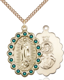 [2010FEMGF/24GF] 14kt Gold Filled Our Lady of Guadalupe Pendant with Emerald Swarovski stones on a 24 inch Gold Filled Heavy Curb chain