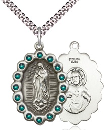 [2010FEMSS/24S] Sterling Silver Our Lady of Guadalupe Pendant with Emerald Swarovski stones on a 24 inch Light Rhodium Heavy Curb chain