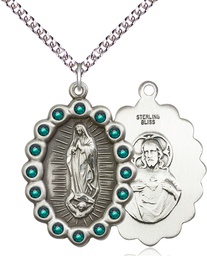 [2010FEMSS/24SS] Sterling Silver Our Lady of Guadalupe Pendant with Emerald Swarovski stones on a 24 inch Sterling Silver Heavy Curb chain