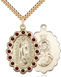 [2010FGTGF/24G] 14kt Gold Filled Our Lady of Guadalupe Pendant with Garnet Swarovski stones on a 24 inch Gold Plate Heavy Curb chain