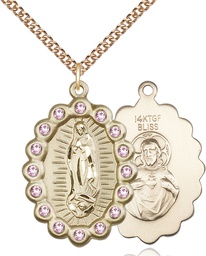 [2010FLAMGF/24GF] 14kt Gold Filled Our Lady of Guadalupe Pendant with LA Swarovski stones on a 24 inch Gold Filled Heavy Curb chain