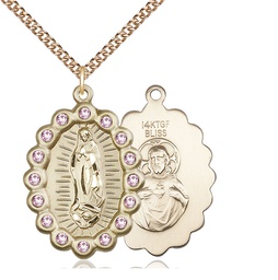 [2010FLAMGF/24GF] 14kt Gold Filled Our Lady of Guadalupe Pendant with LA Swarovski stones on a 24 inch Gold Filled Heavy Curb chain