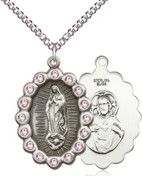 [2010FLAMSS/24SS] Sterling Silver Our Lady of Guadalupe Pendant with LA Swarovski stones on a 24 inch Sterling Silver Heavy Curb chain