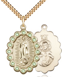 [2010FPDGF/24G] 14kt Gold Filled Our Lady of Guadalupe Pendant with Peridot Swarovski stones on a 24 inch Gold Plate Heavy Curb chain