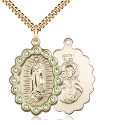 [2010FPDGF/24G] 14kt Gold Filled Our Lady of Guadalupe Pendant with Peridot Swarovski stones on a 24 inch Gold Plate Heavy Curb chain