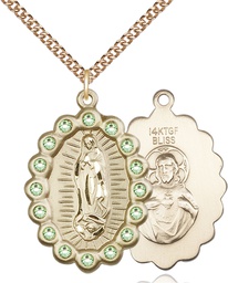 [2010FPDGF/24GF] 14kt Gold Filled Our Lady of Guadalupe Pendant with Peridot Swarovski stones on a 24 inch Gold Filled Heavy Curb chain