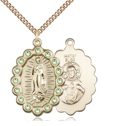 [2010FPDGF/24GF] 14kt Gold Filled Our Lady of Guadalupe Pendant with Peridot Swarovski stones on a 24 inch Gold Filled Heavy Curb chain
