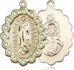 [2010FPDKT] 14kt Gold Our Lady of Guadalupe Medal with Peridot Swarovski stones