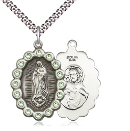 [2010FPDSS/24S] Sterling Silver Our Lady of Guadalupe Pendant with Peridot Swarovski stones on a 24 inch Light Rhodium Heavy Curb chain
