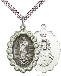 [2010FPDSS/24S] Sterling Silver Our Lady of Guadalupe Pendant with Peridot Swarovski stones on a 24 inch Light Rhodium Heavy Curb chain