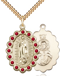 [2010FRBGF/24G] 14kt Gold Filled Our Lady of Guadalupe Pendant with Ruby Swarovski stones on a 24 inch Gold Plate Heavy Curb chain