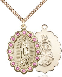 [2010FROGF/24GF] 14kt Gold Filled Our Lady of Guadalupe Pendant with Rose Swarovski stones on a 24 inch Gold Filled Heavy Curb chain