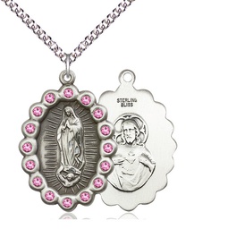 [2010FROSS/24SS] Sterling Silver Our Lady of Guadalupe Pendant with Rose Swarovski stones on a 24 inch Sterling Silver Heavy Curb chain