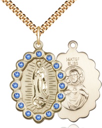 [2010FSAGF/24G] 14kt Gold Filled Our Lady of Guadalupe Pendant with Sapphire Swarovski stones on a 24 inch Gold Plate Heavy Curb chain