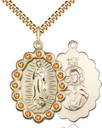 [2010FTPGF/24G] 14kt Gold Filled Our Lady of Guadalupe Pendant with Topaz Swarovski stones on a 24 inch Gold Plate Heavy Curb chain