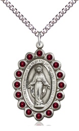 [2010GTSS/24SS] Sterling Silver Miraculous Pendant with Garnet Swarovski stones on a 24 inch Sterling Silver Heavy Curb chain