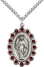 [2010GTSS/24SS] Sterling Silver Miraculous Pendant with Garnet Swarovski stones on a 24 inch Sterling Silver Heavy Curb chain