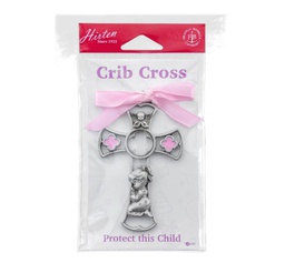 [HI-2091-86G] Genuine Pewter Baby Girl Cross with Pink Epoxy and Ribbon.