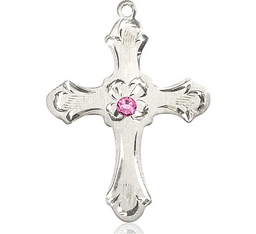 [6037SS2-STN10] Sterling Silver Cross Medal with a 3mm Rose Swarovski stone